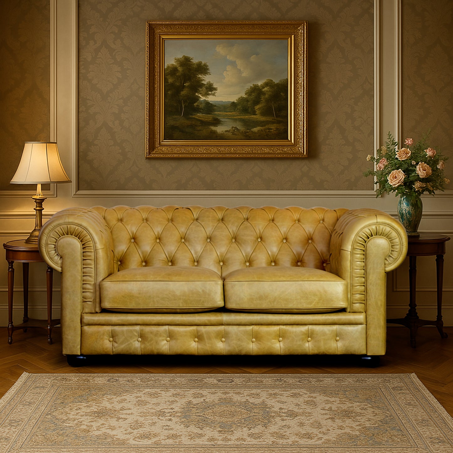 Chester Sofa Narbenleder Senfgelb Antik-Effekt
