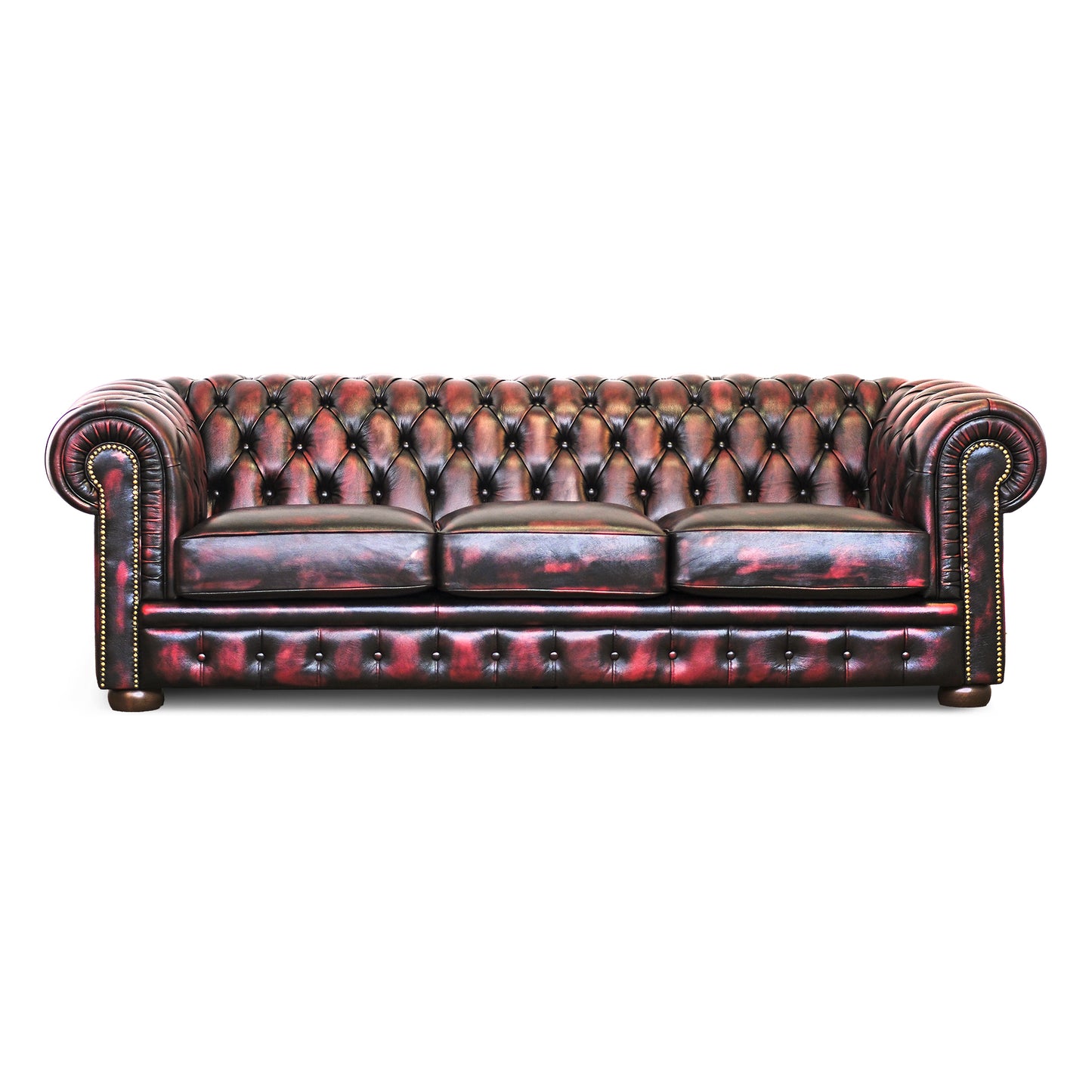 Divano Chesterfield pelle fiore bordeaux stile old America rifinita a mano