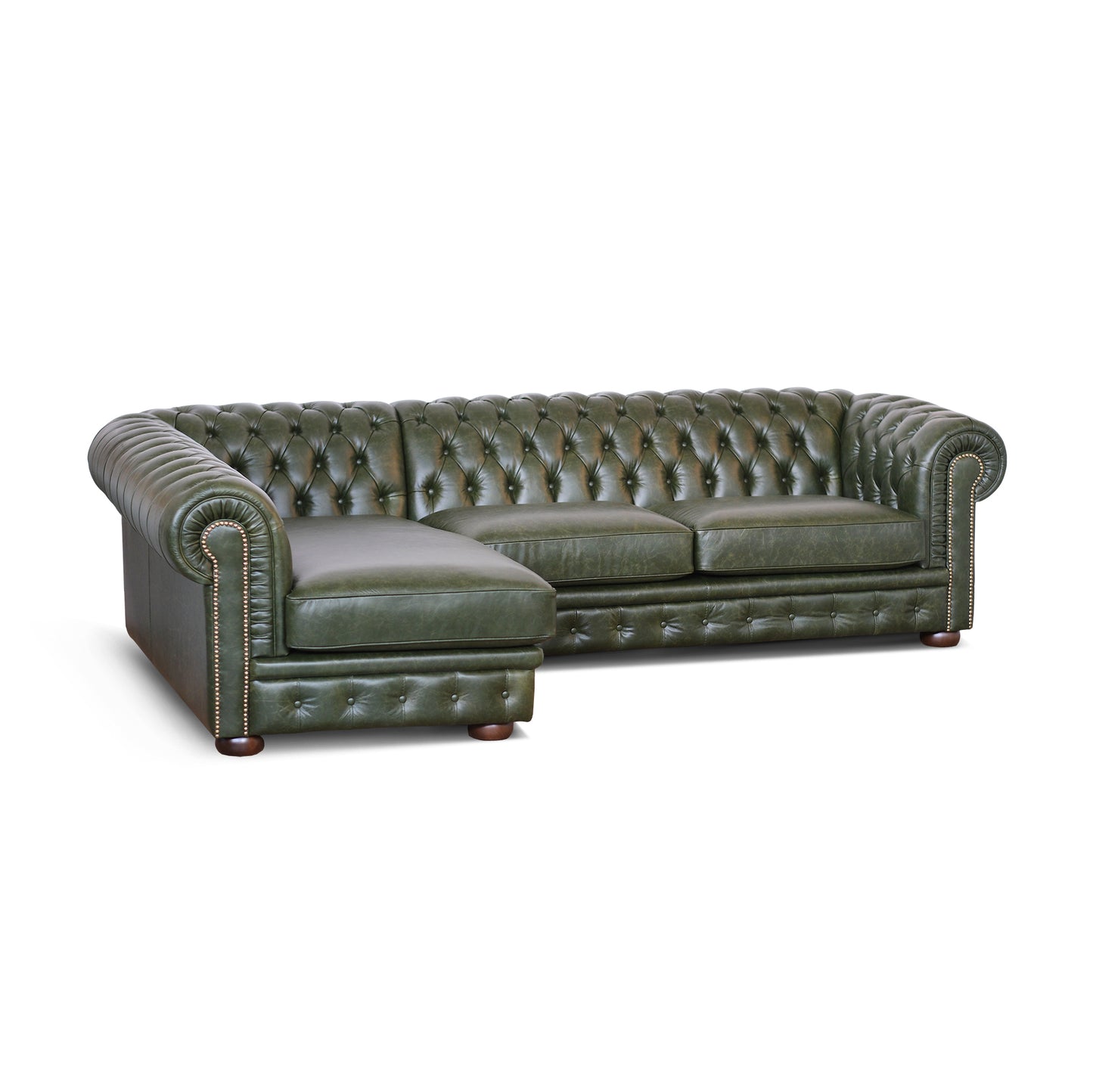 Canapé d'angle Chesterfield en cuir vert anglais première fleur avec clous antiques