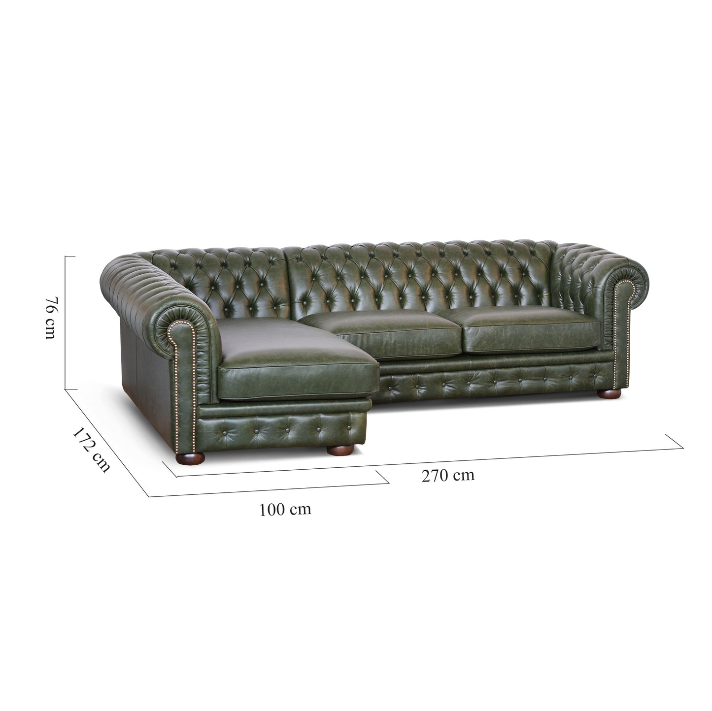 Canapé d'angle Chesterfield en cuir vert anglais première fleur avec clous antiques