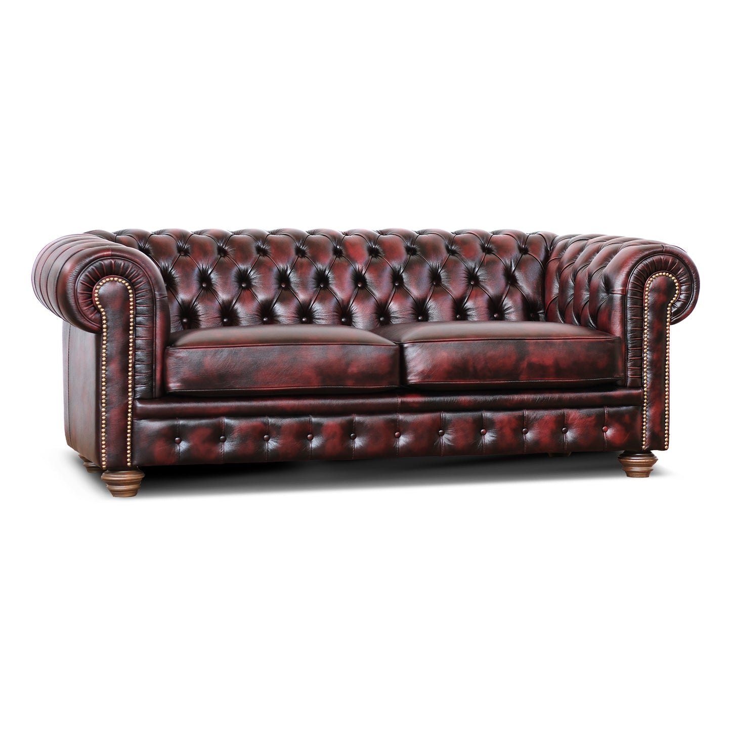 Canapé Chester en cuir pleine fleur bordeaux, style old America, finition main