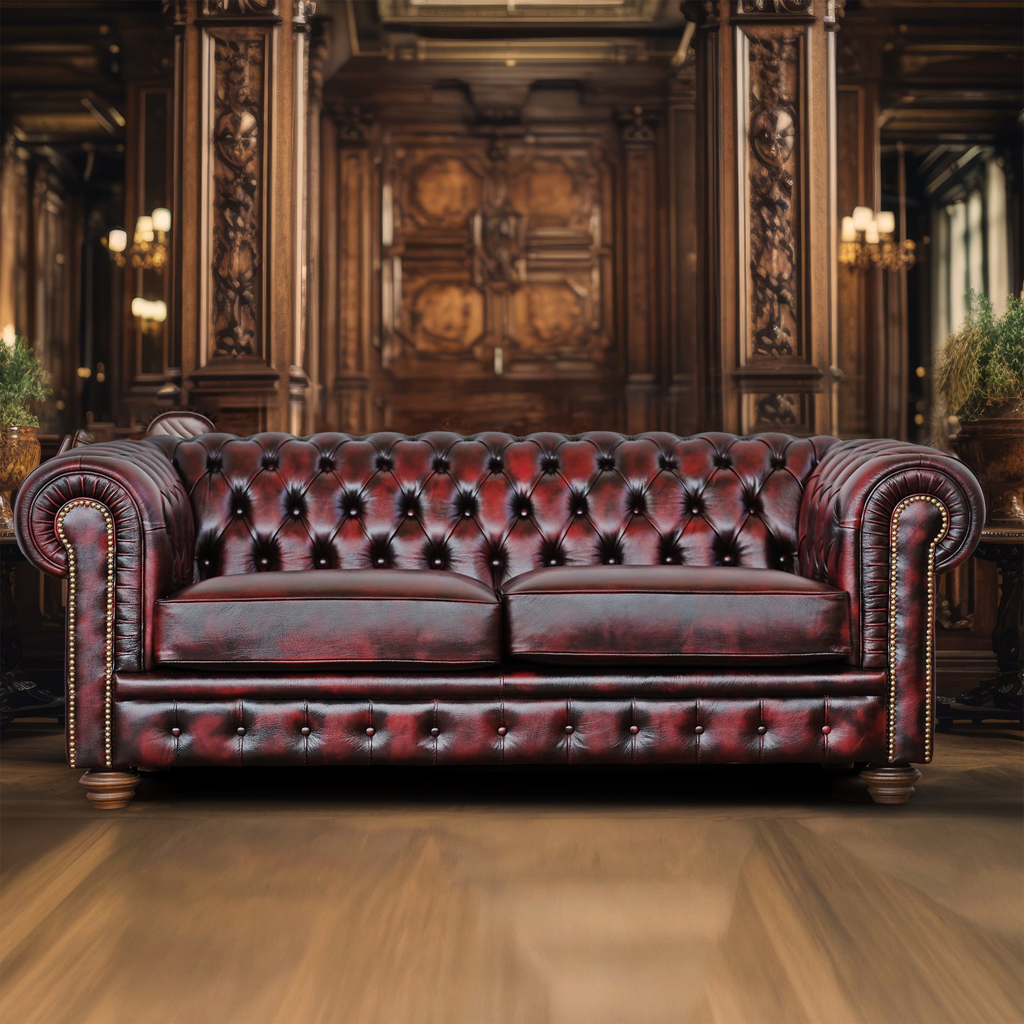 Canapé Chester en cuir pleine fleur bordeaux, style old America, finition main