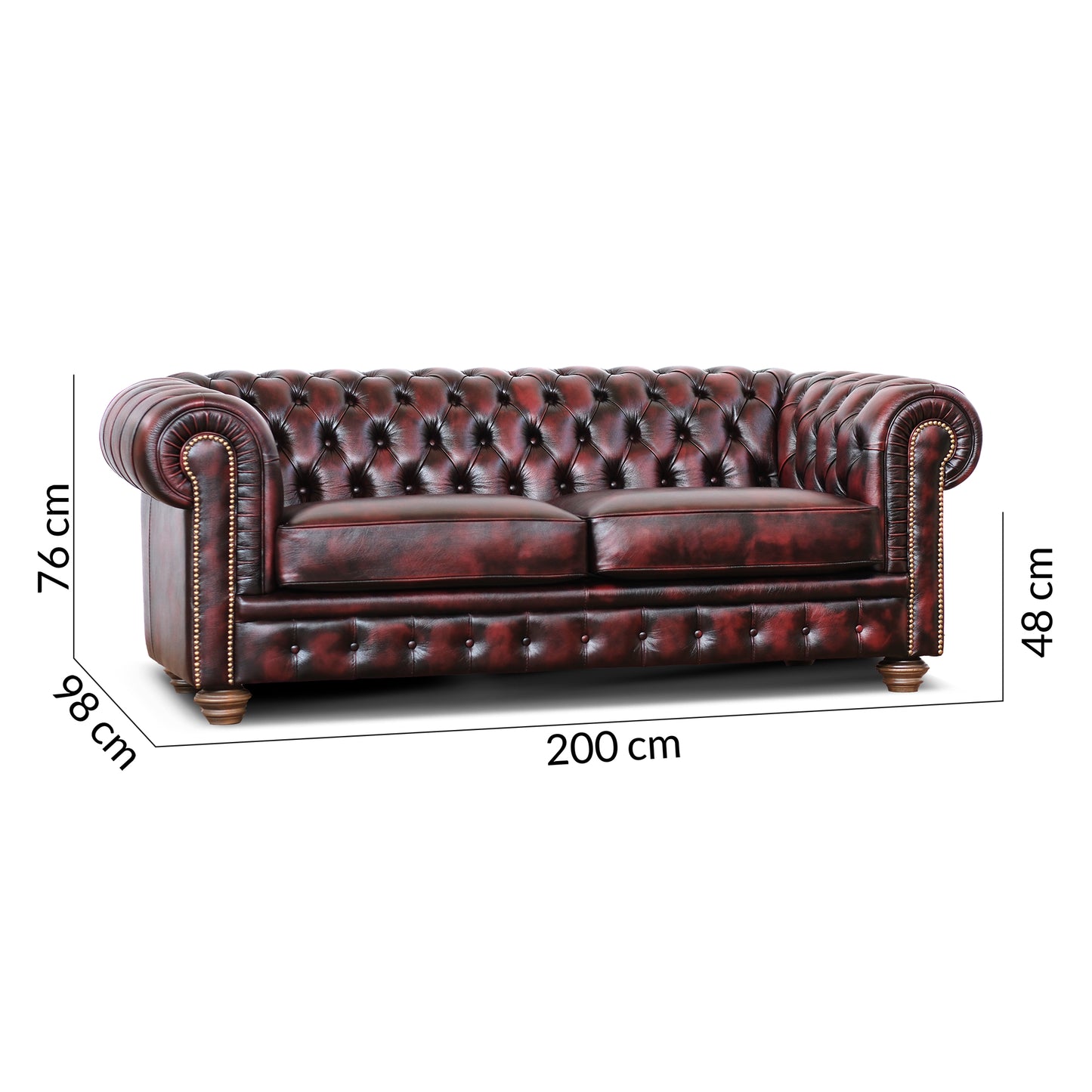 Canapé Chester en cuir pleine fleur bordeaux, style old America, finition main