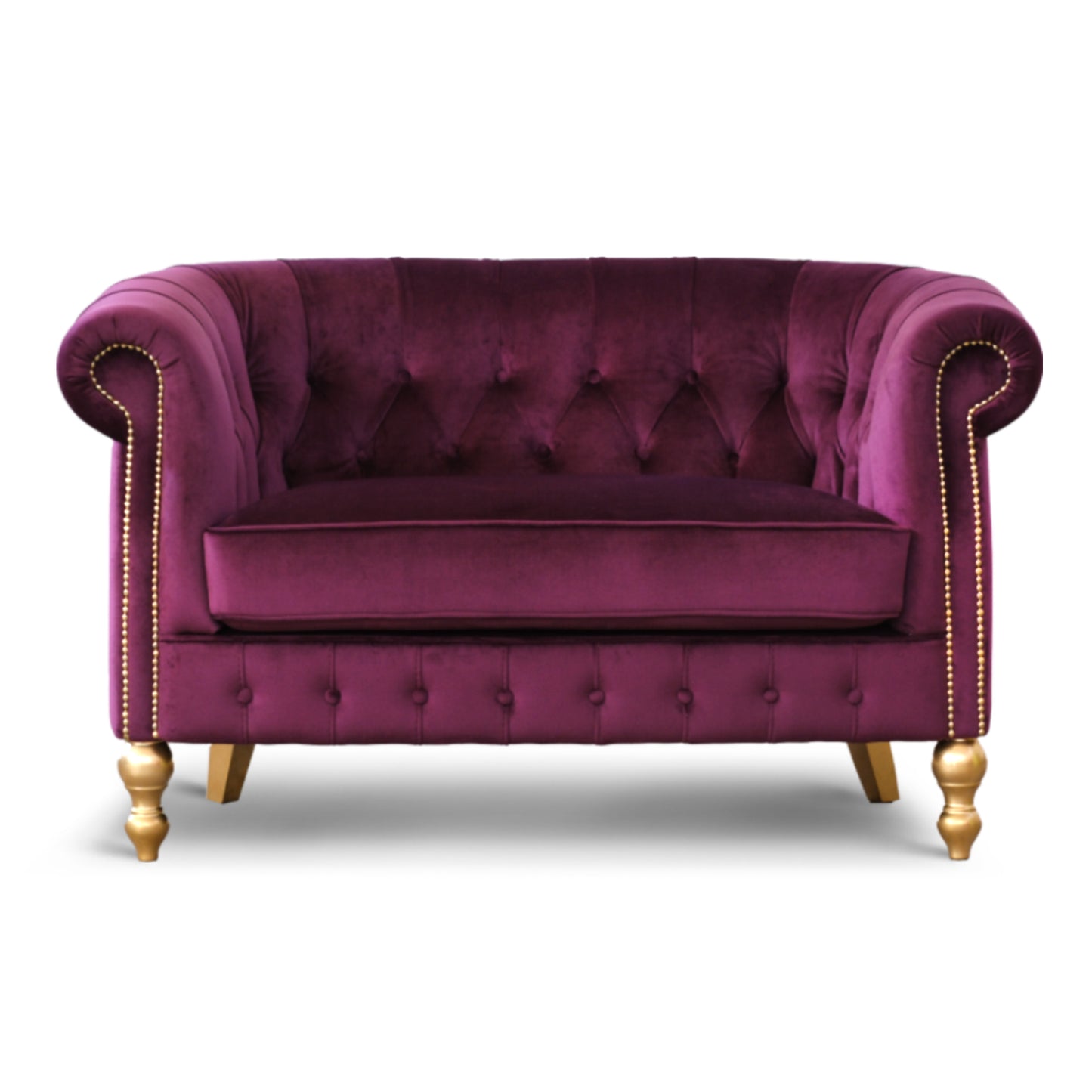 Divano Chesterino in velluto viola con gambe e borchie oro