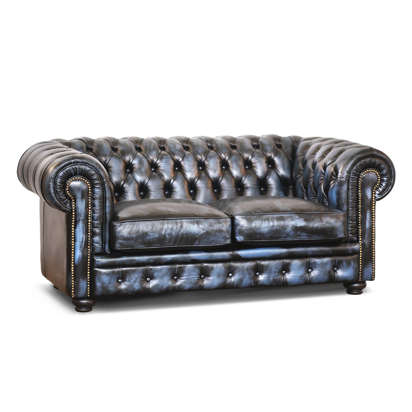 Chester-Sofa aus blauem Narbenleder im alten amerikanischen Stil, handgefertigt