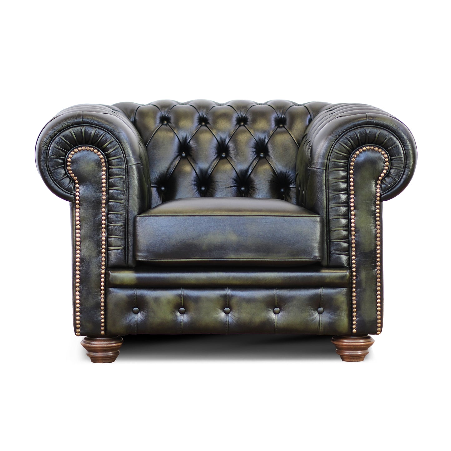 Fauteuil Chester en cuir grainé vert de style Old America, fini à la main