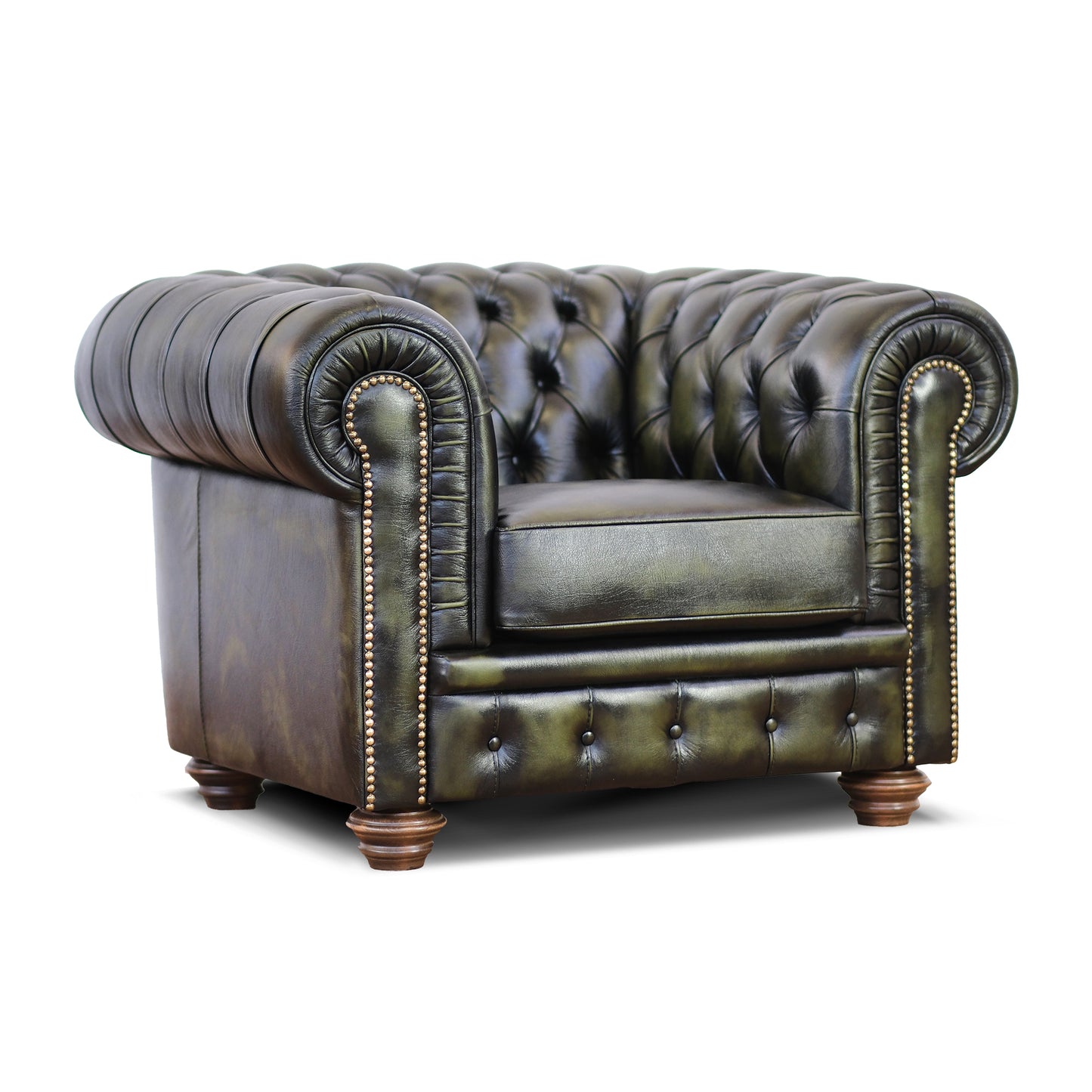 Fauteuil Chester en cuir grainé vert de style Old America, fini à la main