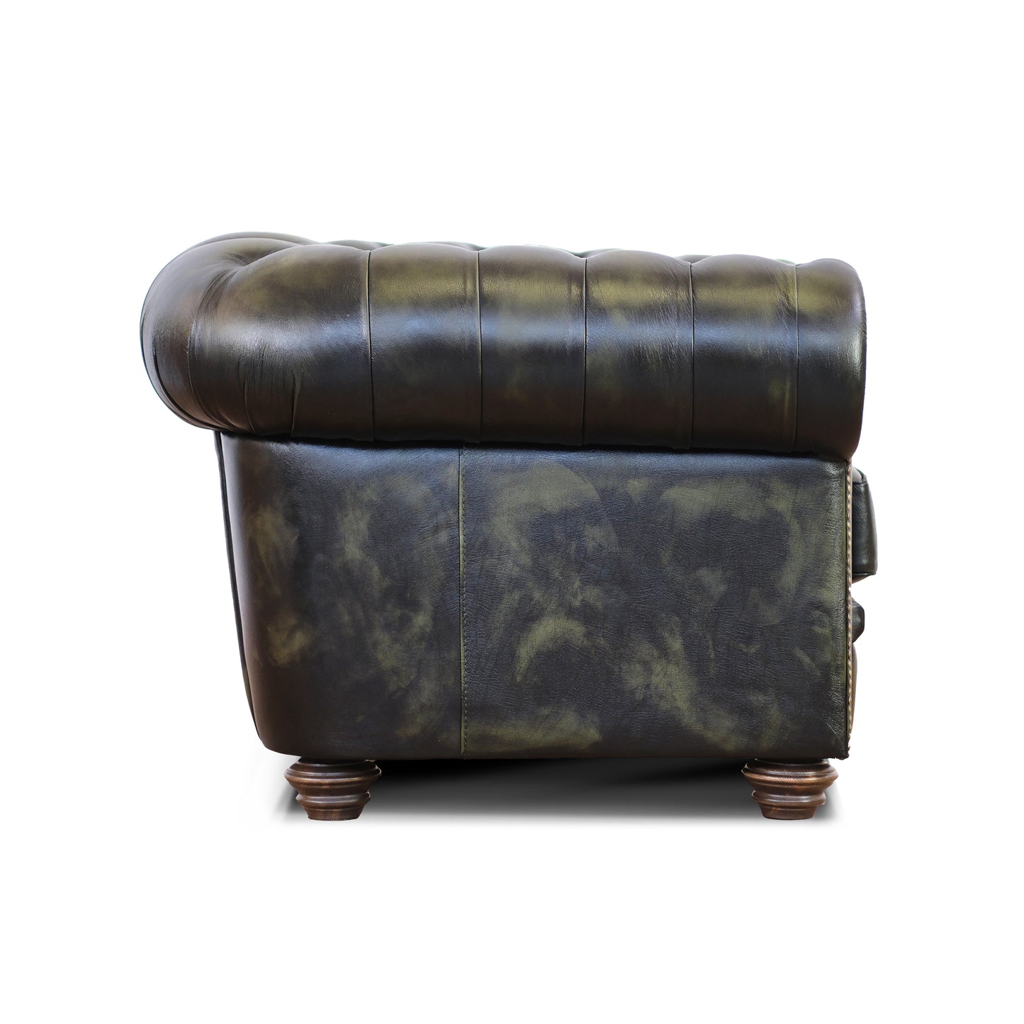 Fauteuil Chester en cuir grainé vert de style Old America, fini à la main