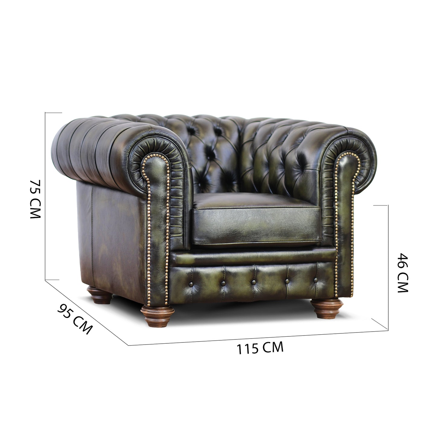 Fauteuil Chester en cuir grainé vert de style Old America, fini à la main