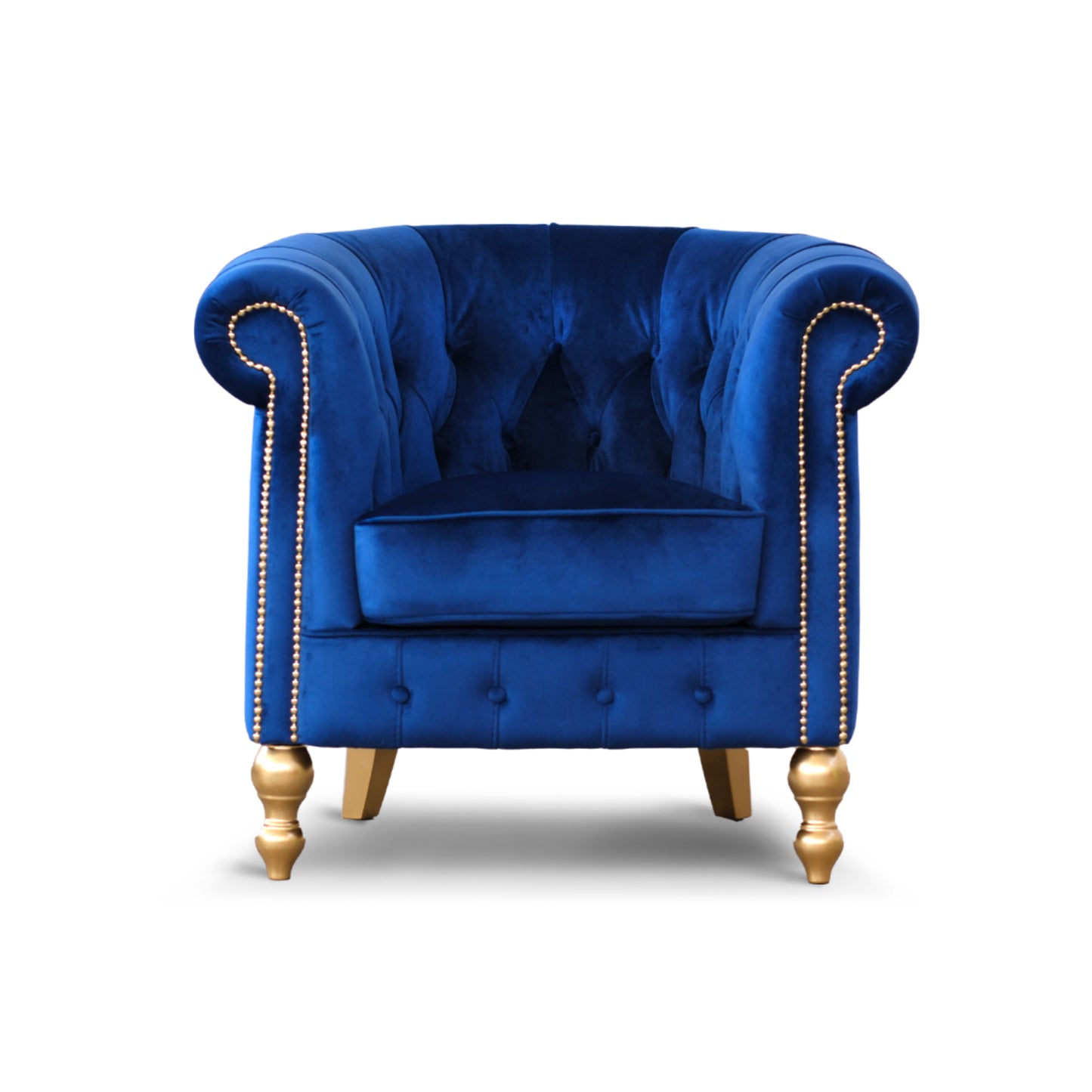 Poltrona Chesterina in velluto blu con gambe e borchie oro