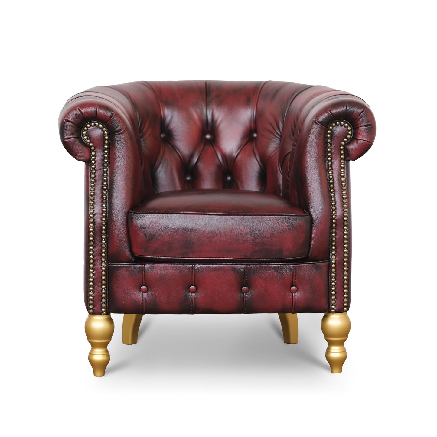 Poltrona Chesterina in pelle bordeaux stile old America rifinita a mano