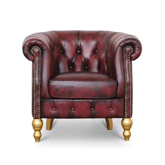 Poltrona Chesterina in pelle bordeaux stile old America rifinita a mano