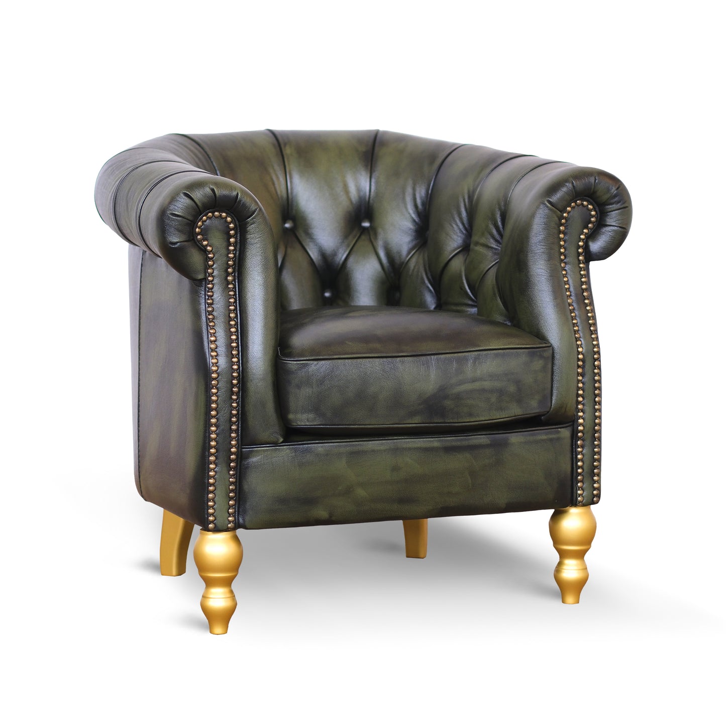Poltrona Chesterina in pelle verde stile old America rifinita a mano