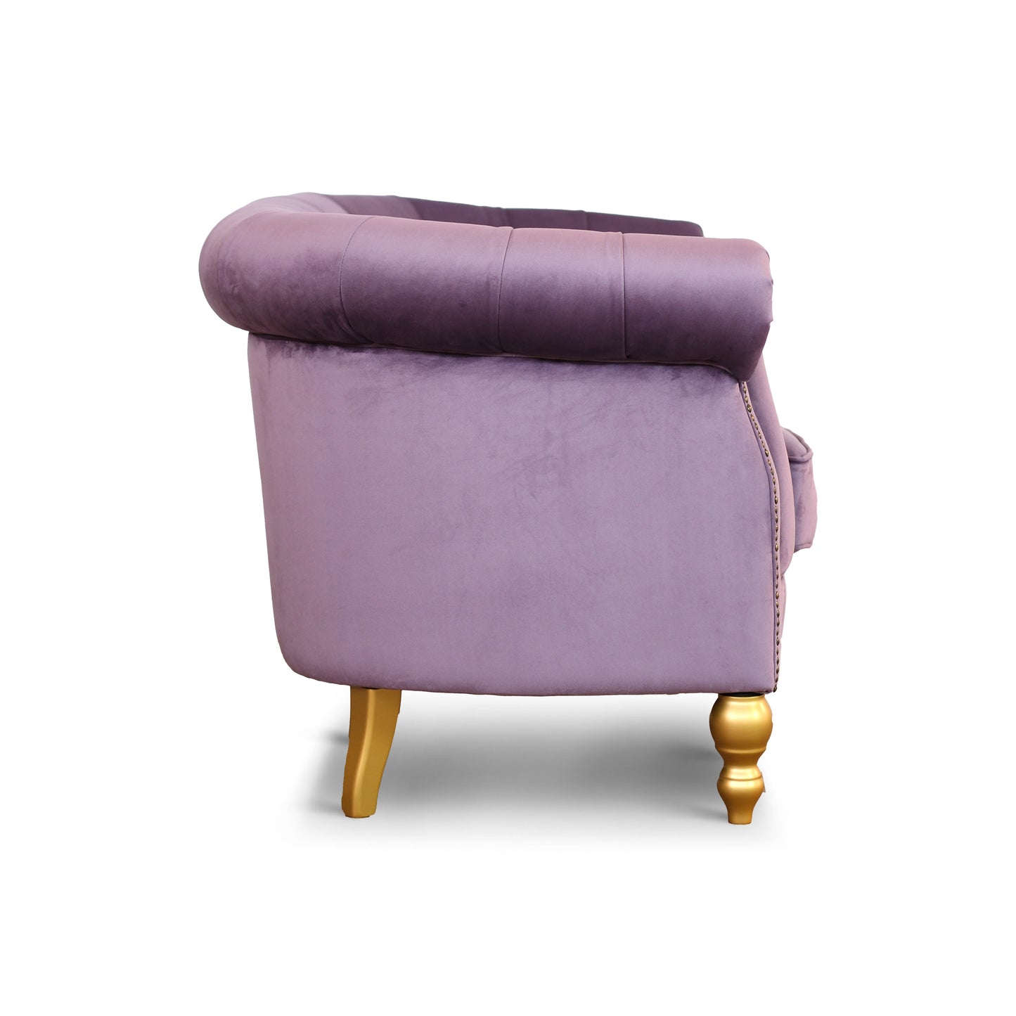 Divano Chesterino in velluto lilla con gambe e borchie oro