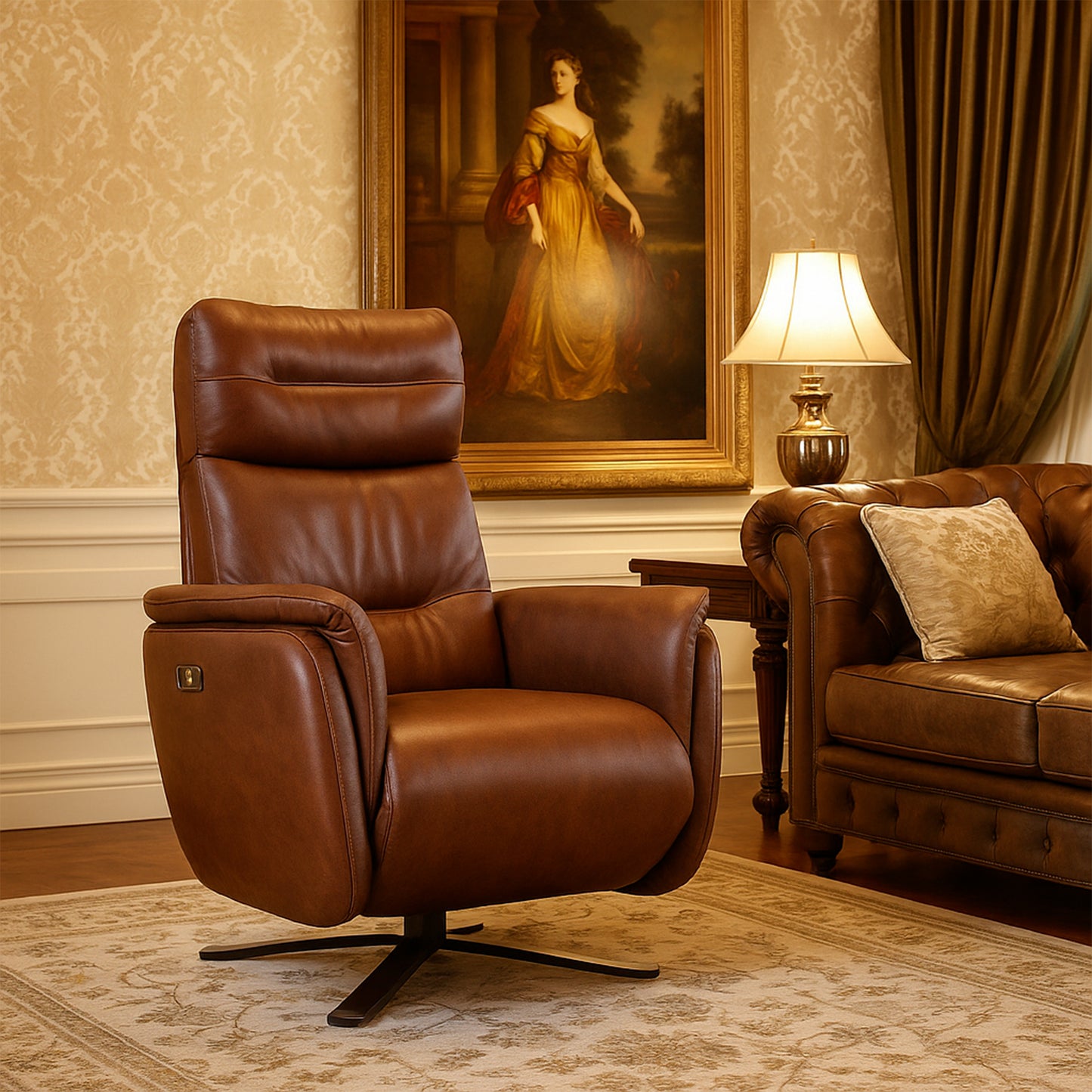 Fauteuil de relaxation électrique pivotant Costanza en cuir pleine fleur brandy