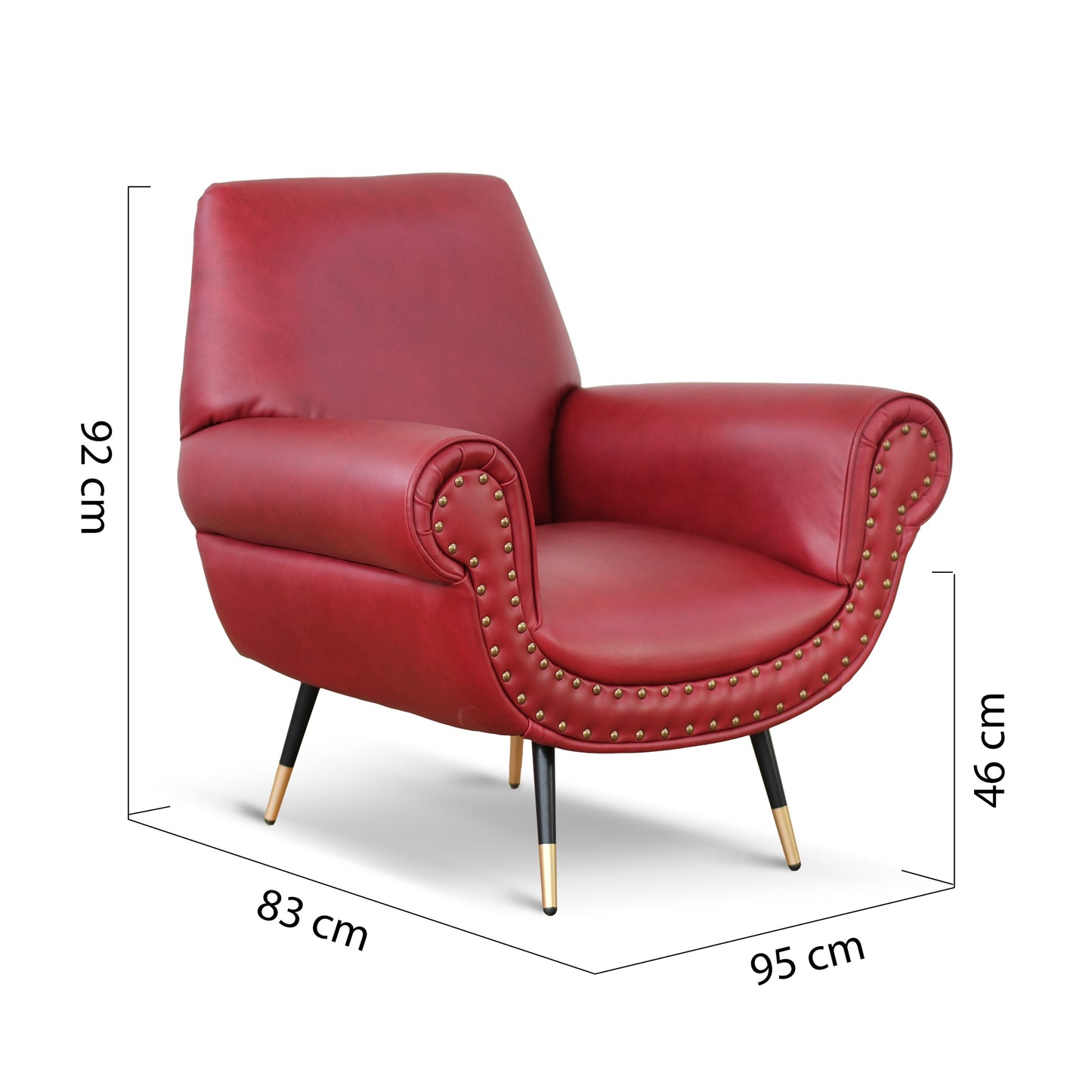 Poltrona design vintage Vico pelle fiore pull up rosso ciliegia con borchie anticate e gambe nere e ottone