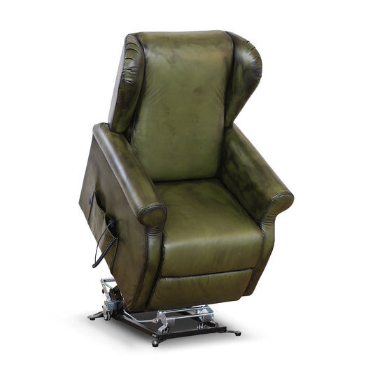 Poltrona relax elettrica Ilde in pelle fiore verde stile old America rifinita a mano