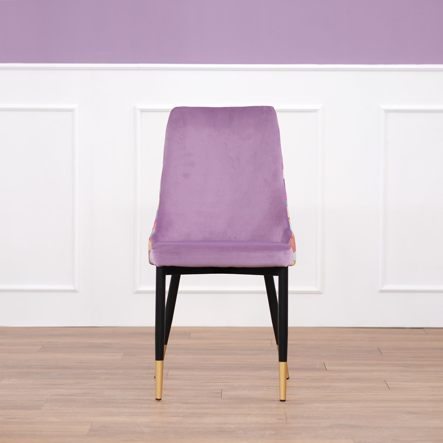 Lot de 2 chaises en velours lilas avec dossier multicolore et pieds en laiton noir - Luvi
