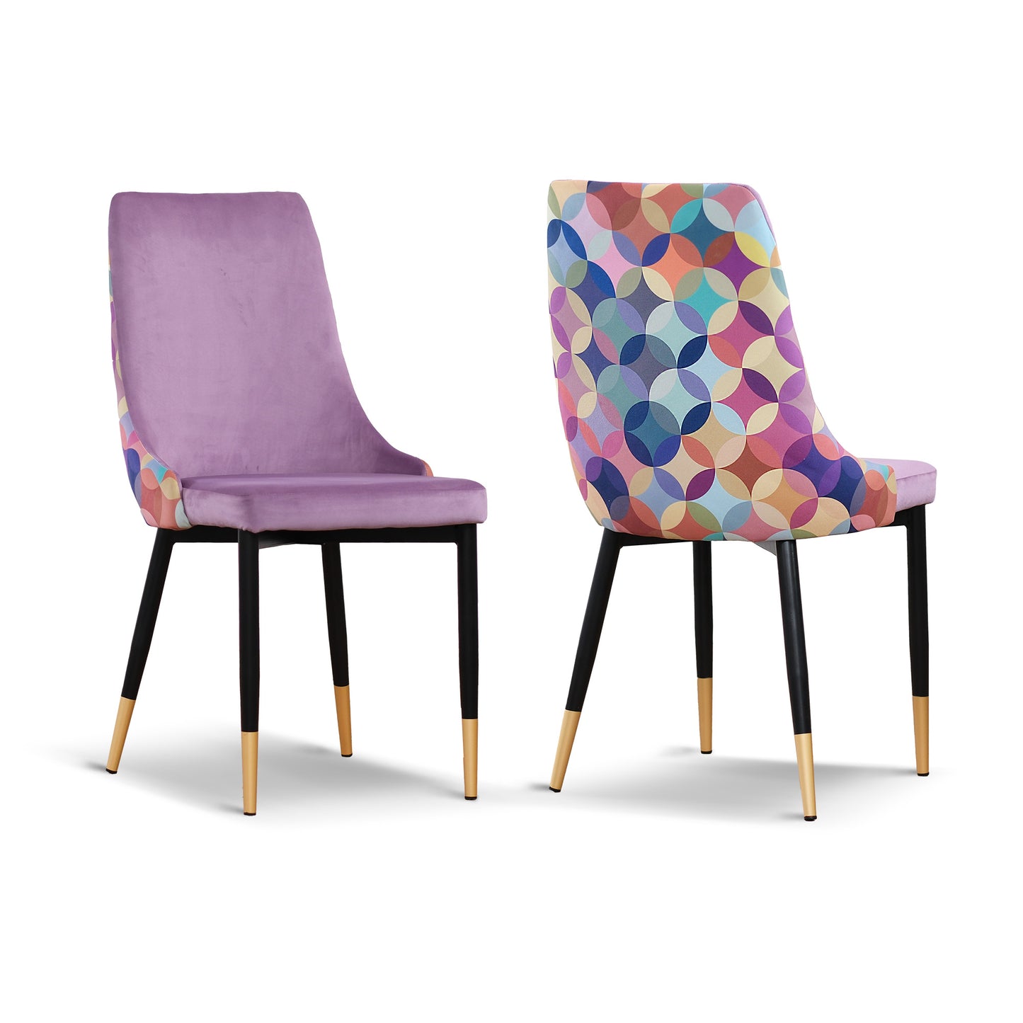 Lot de 2 chaises en velours lilas avec dossier multicolore et pieds en laiton noir - Luvi
