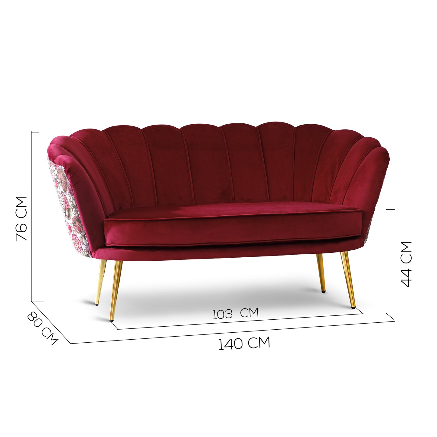 Maia-Sofa aus Vinaccia-Samt, einfarbig oder mit Stoffrücken mit Blumenmuster, goldene Beine