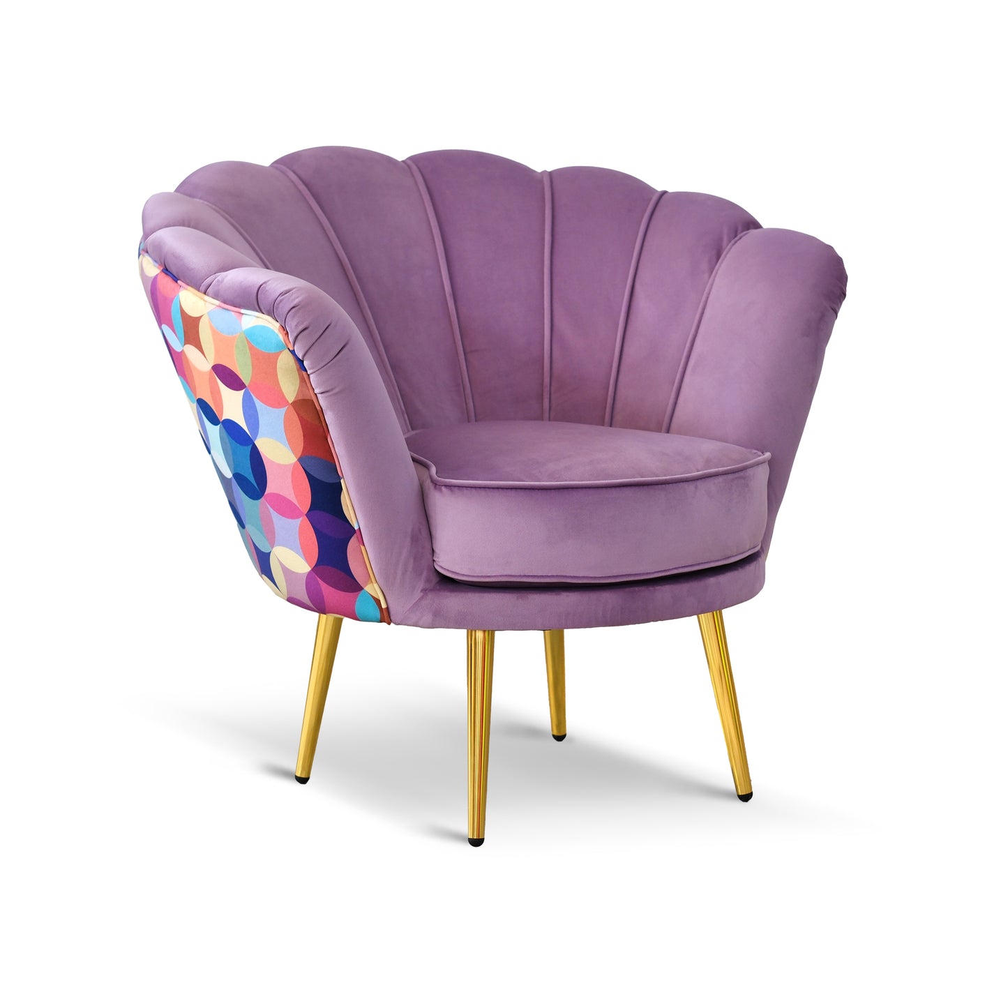 Fauteuil Maia en Velours Lilas, Uni ou avec Dossier en Microfibre à Motifs Multicolores, Pieds Dorés