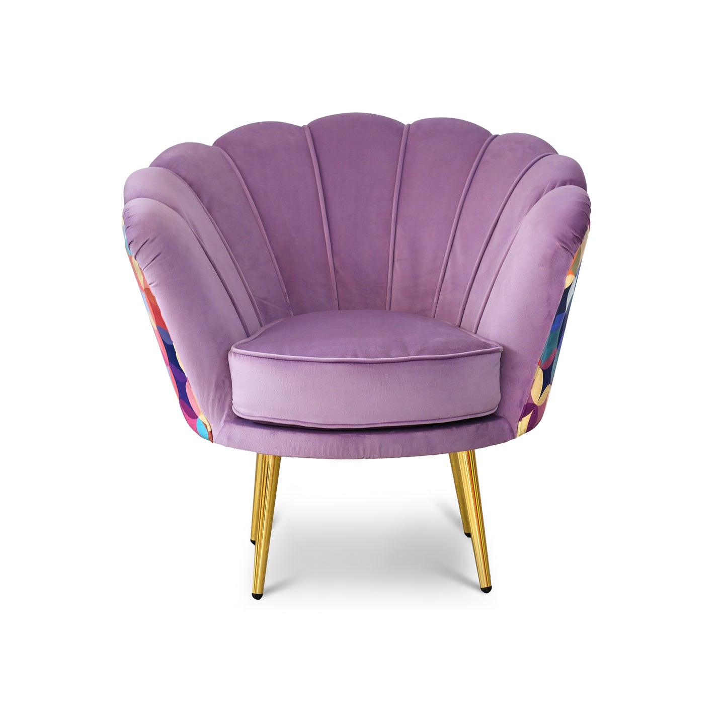 Fauteuil Maia en Velours Lilas, Uni ou avec Dossier en Microfibre à Motifs Multicolores, Pieds Dorés