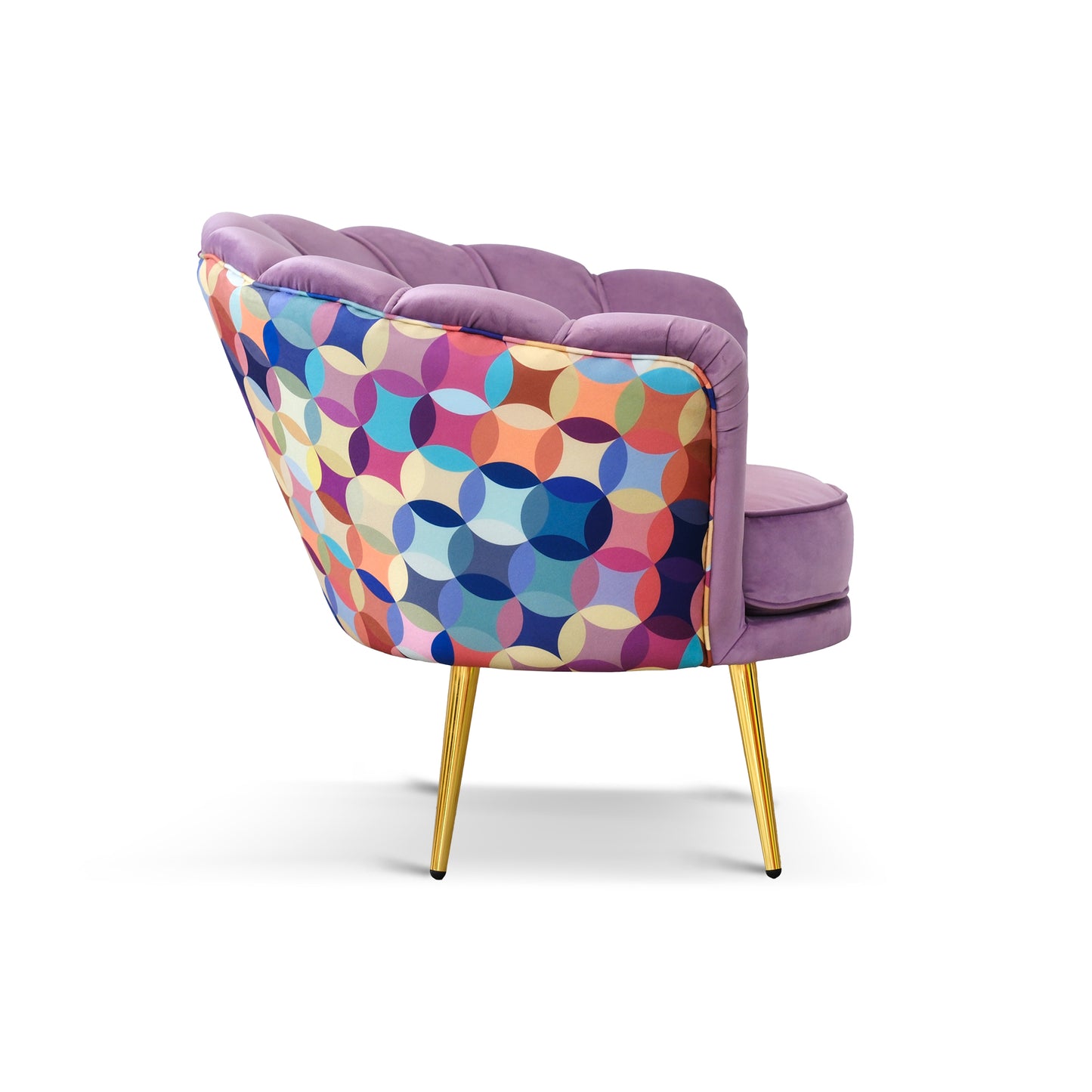 Fauteuil Maia en Velours Lilas, Uni ou avec Dossier en Microfibre à Motifs Multicolores, Pieds Dorés