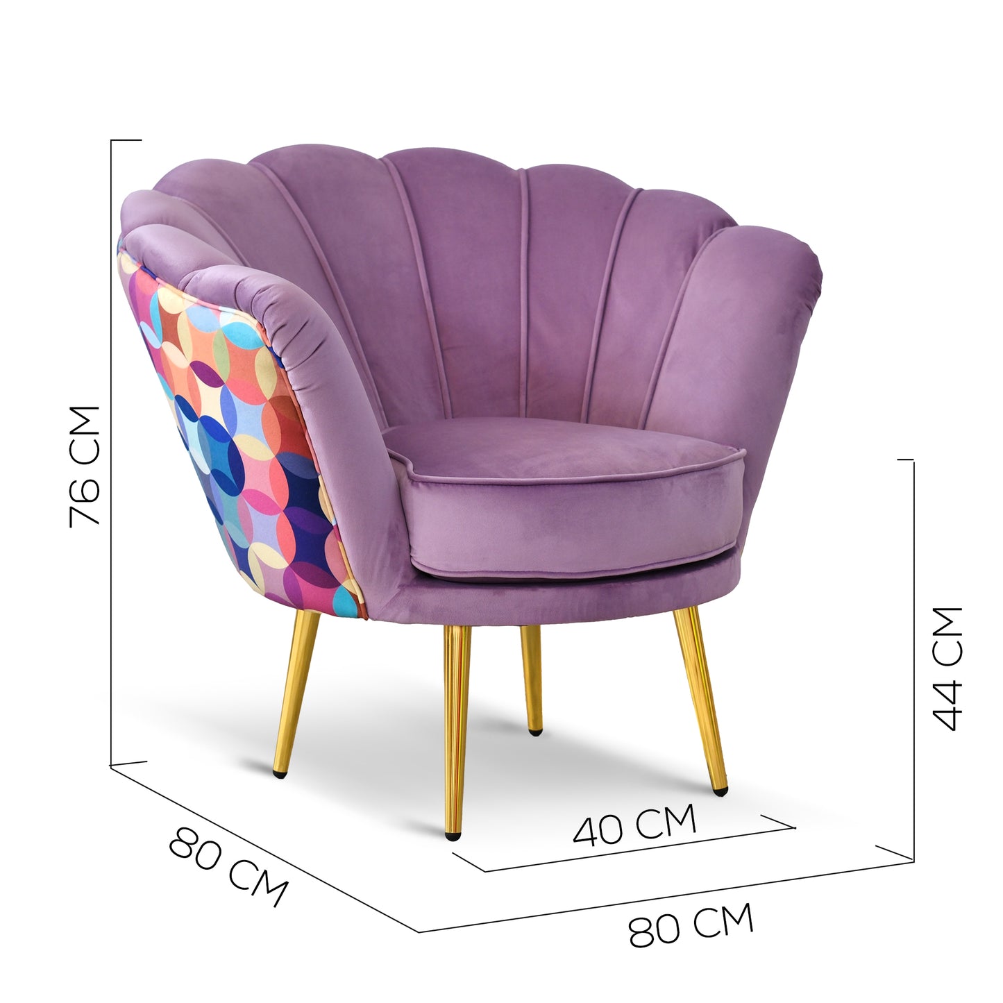 Fauteuil Maia en Velours Lilas, Uni ou avec Dossier en Microfibre à Motifs Multicolores, Pieds Dorés