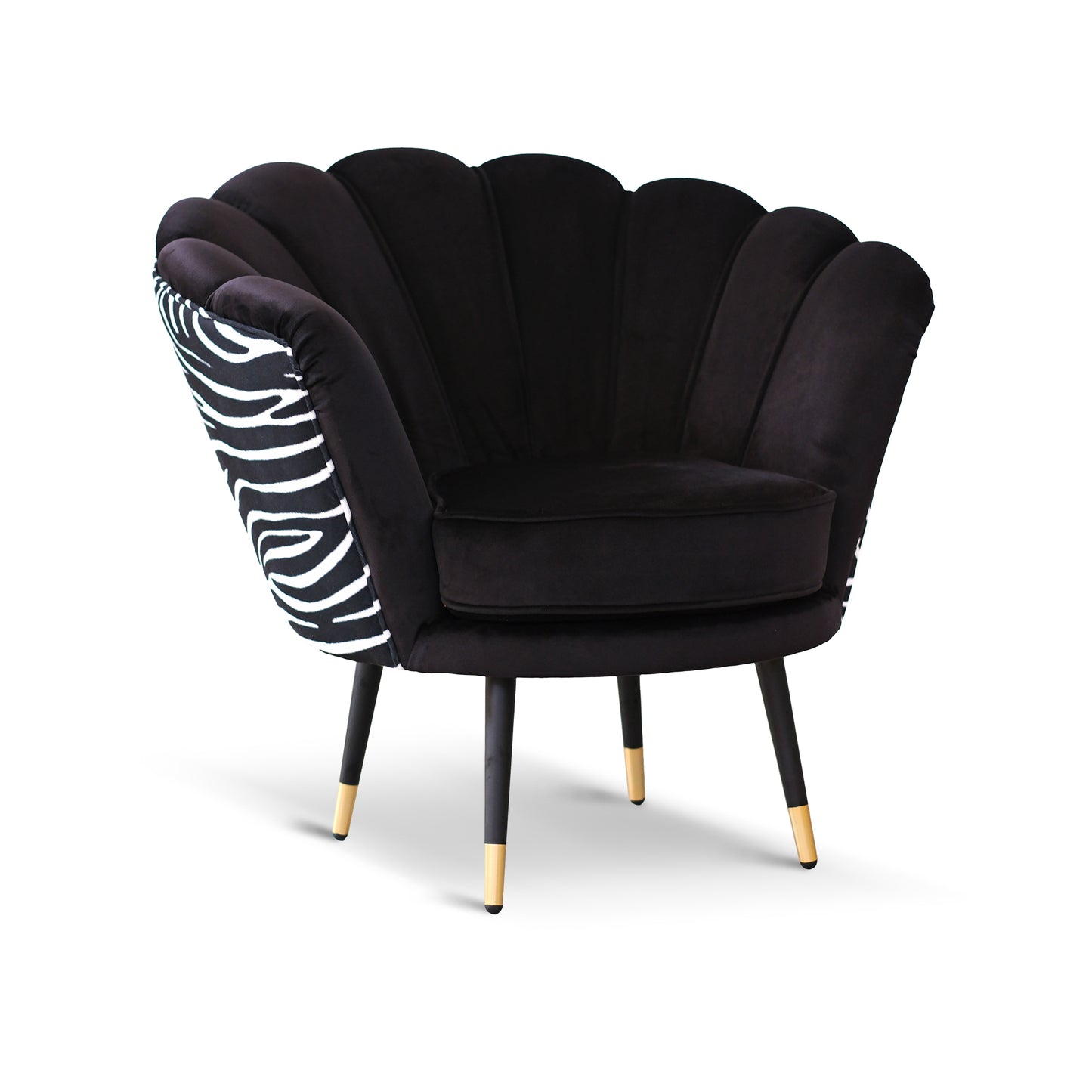 Fauteuil Maia en Velours Noir, Unicolore ou avec Dossier en Microfibre Zèbre, Pieds Noirs avec Détail en Laiton