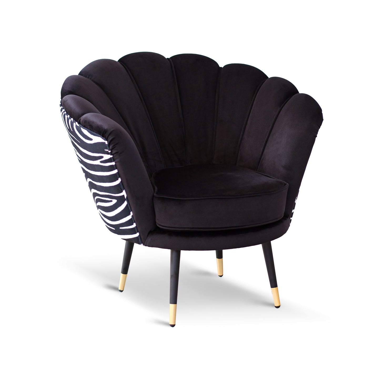 Fauteuil Maia en Velours Noir, Unicolore ou avec Dossier en Microfibre Zèbre, Pieds Noirs avec Détail en Laiton
