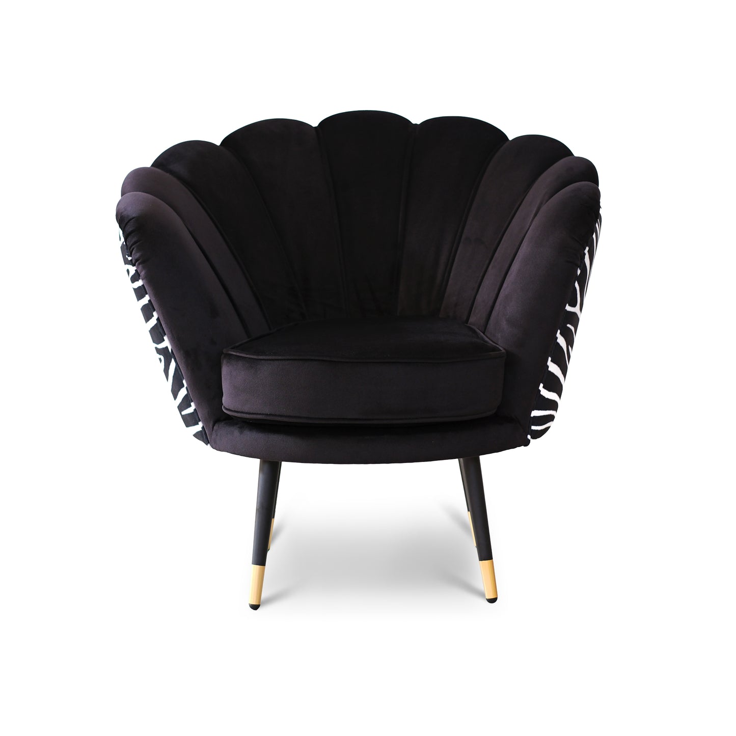 Fauteuil Maia en Velours Noir, Unicolore ou avec Dossier en Microfibre Zèbre, Pieds Noirs avec Détail en Laiton