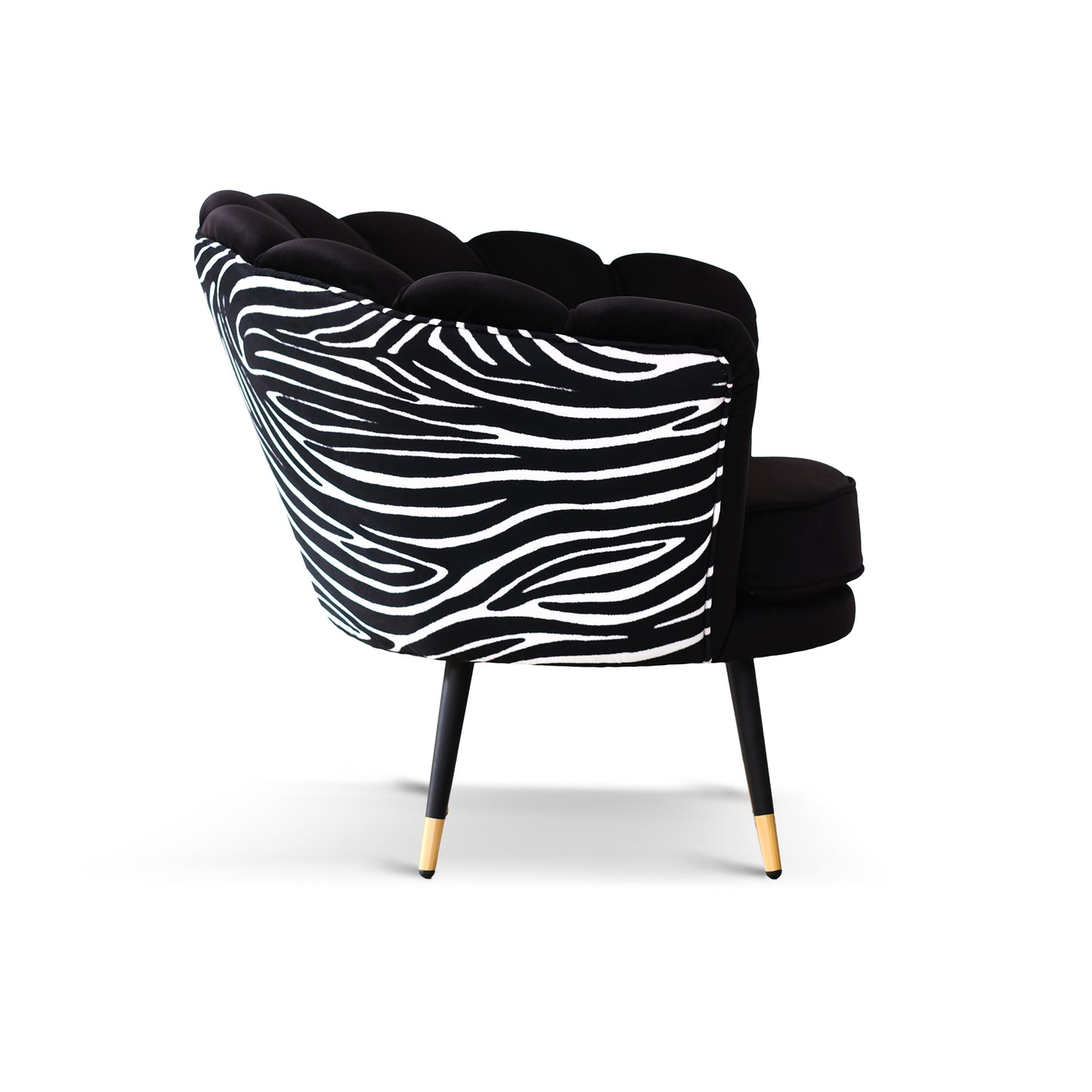 Fauteuil Maia en Velours Noir, Unicolore ou avec Dossier en Microfibre Zèbre, Pieds Noirs avec Détail en Laiton