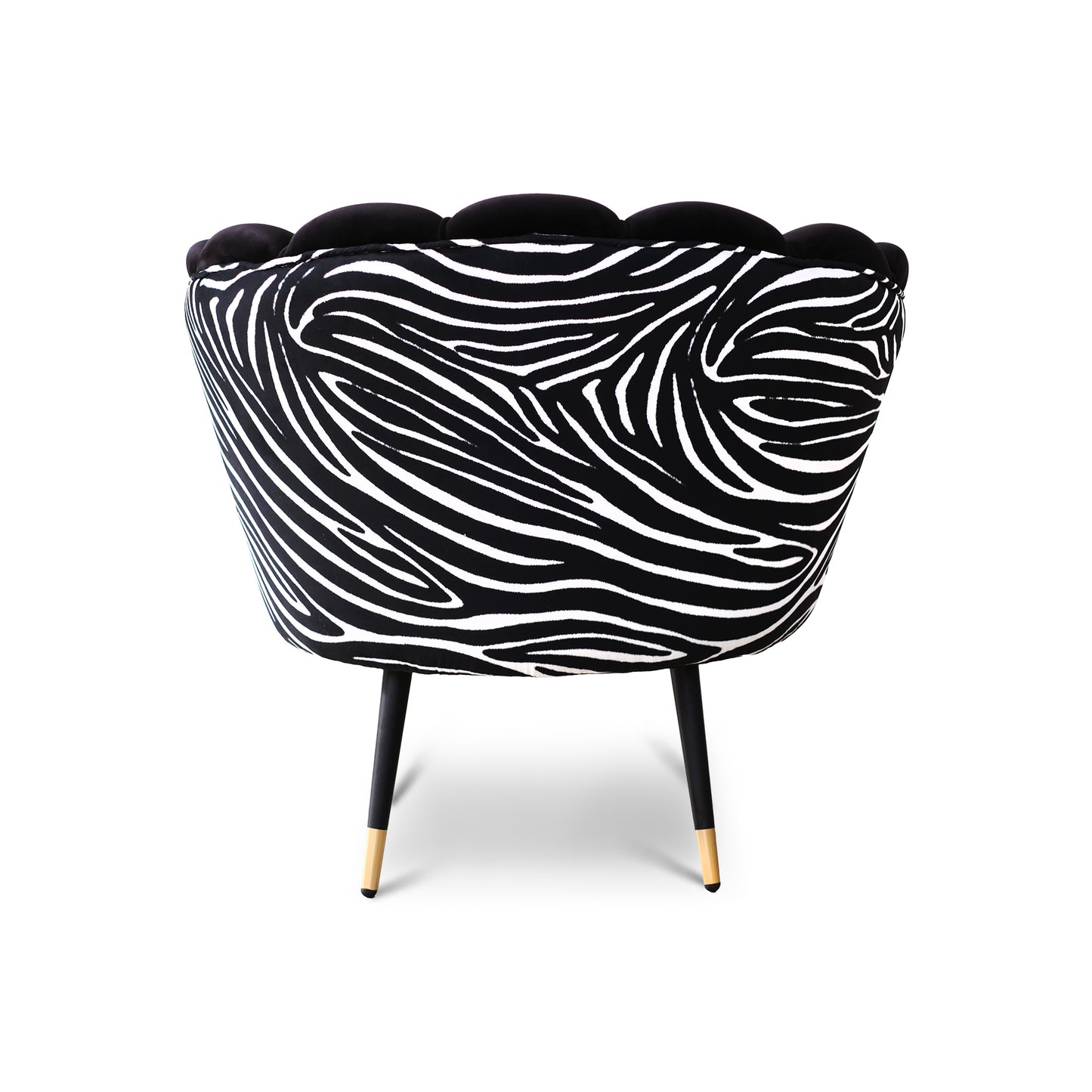 Fauteuil Maia en Velours Noir, Unicolore ou avec Dossier en Microfibre Zèbre, Pieds Noirs avec Détail en Laiton