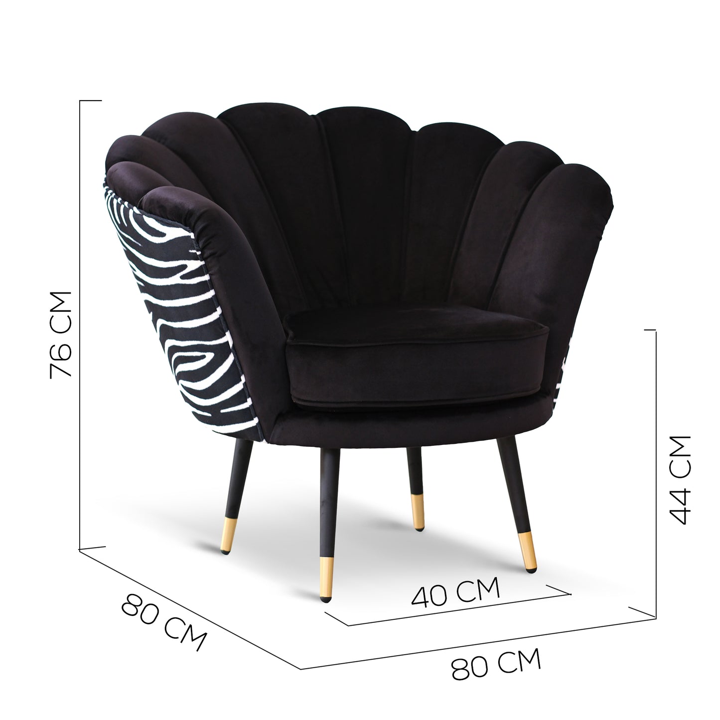 Fauteuil Maia en Velours Noir, Unicolore ou avec Dossier en Microfibre Zèbre, Pieds Noirs avec Détail en Laiton