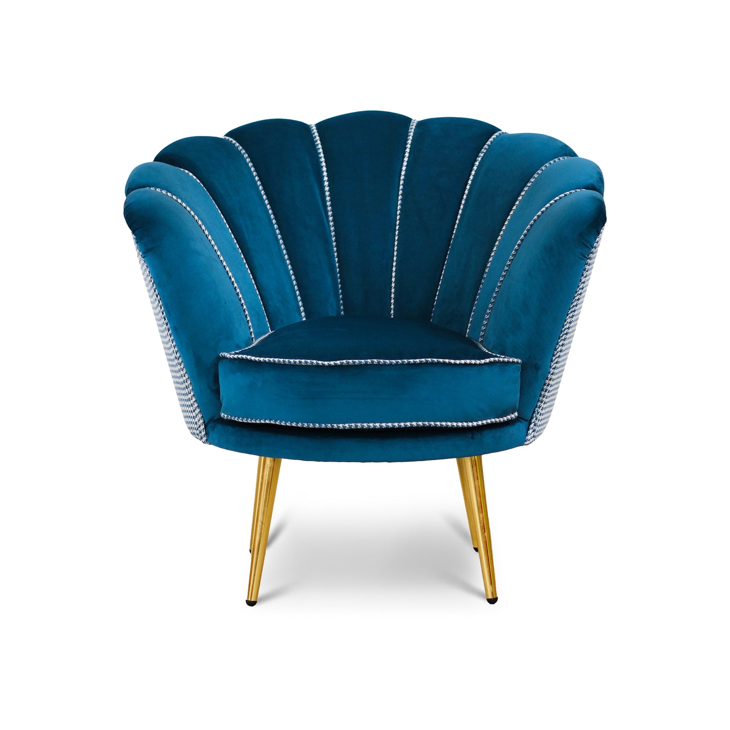 Fauteuil Maia en Velours Pétrole, Uni ou avec dossier en Tissu Pied de Poule assorti, Pieds Dorés