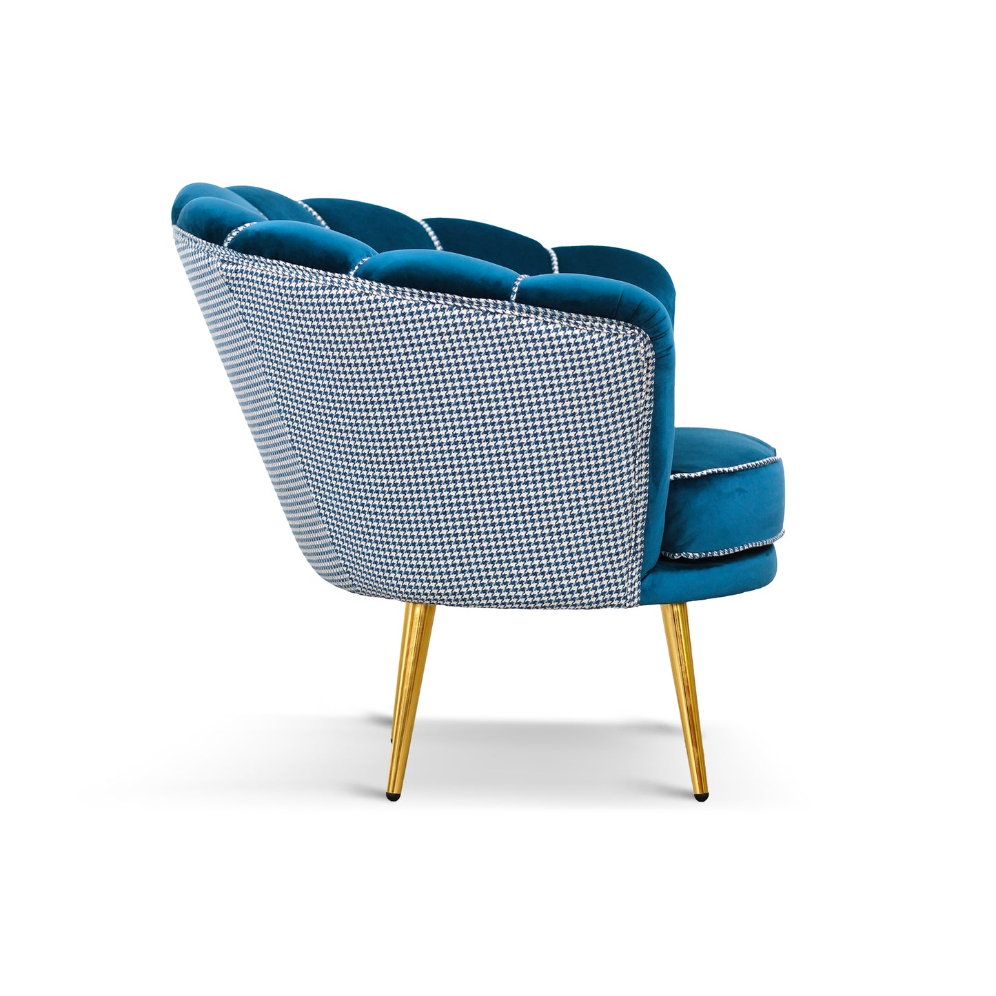 Fauteuil Maia en Velours Pétrole, Uni ou avec dossier en Tissu Pied de Poule assorti, Pieds Dorés