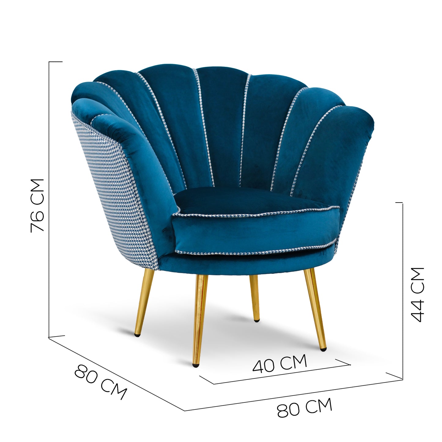 Fauteuil Maia en Velours Pétrole, Uni ou avec dossier en Tissu Pied de Poule assorti, Pieds Dorés