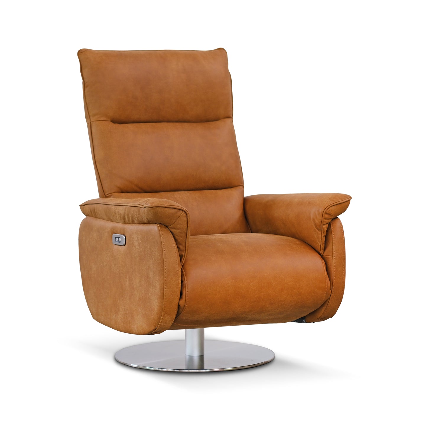 Fauteuil Moma, pivotant 2 moteurs, système autonome de repose-pieds et d'inclinaison du dossier, cuir pleine fleur cognac, piètement rond en métal chromé