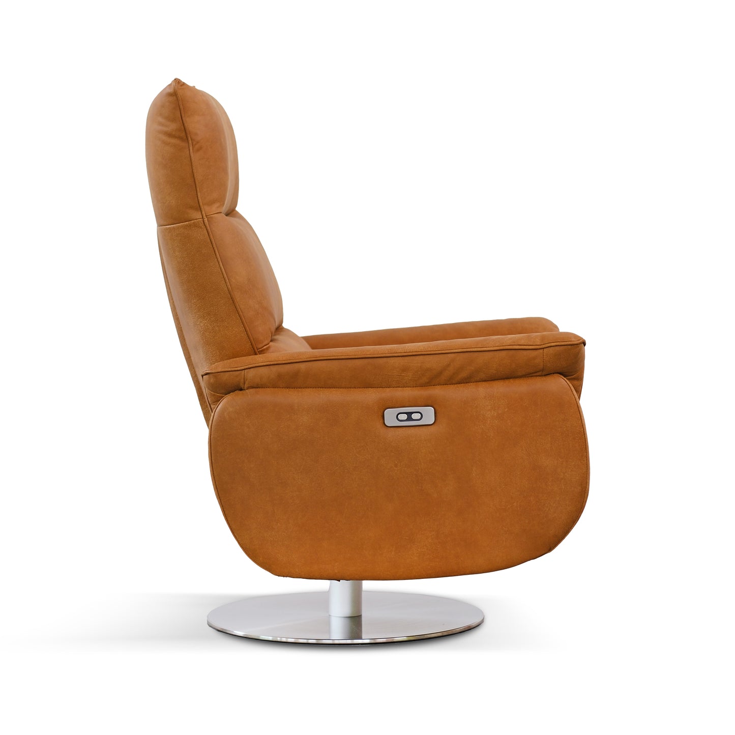 Fauteuil Moma, pivotant 2 moteurs, système autonome de repose-pieds et d'inclinaison du dossier, cuir pleine fleur cognac, piètement rond en métal chromé