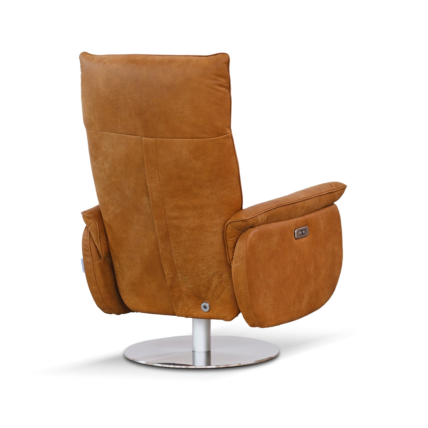 Fauteuil Moma, pivotant 2 moteurs, système autonome de repose-pieds et d'inclinaison du dossier, cuir pleine fleur cognac, piètement rond en métal chromé