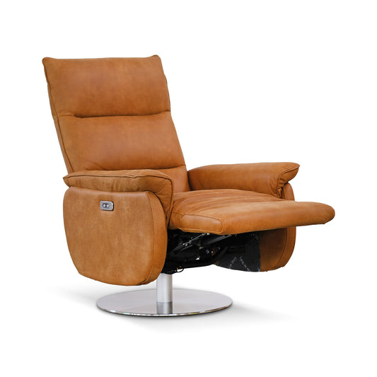 Poltrona Moma, Girevole 2 Motori, Sistema di Reclinazione Autonomo di Pediera e Schienale, Pelle Fiore Cognac, Base Rotonda in Metallo Cromato