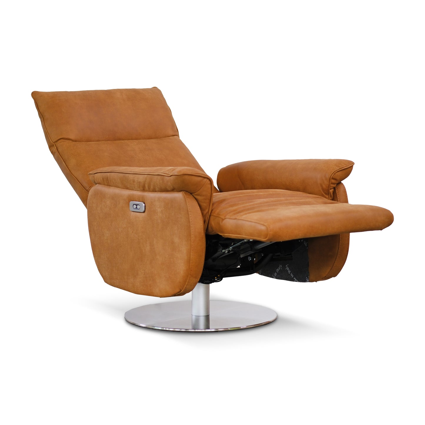 Fauteuil Moma, pivotant 2 moteurs, système autonome de repose-pieds et d'inclinaison du dossier, cuir pleine fleur cognac, piètement rond en métal chromé