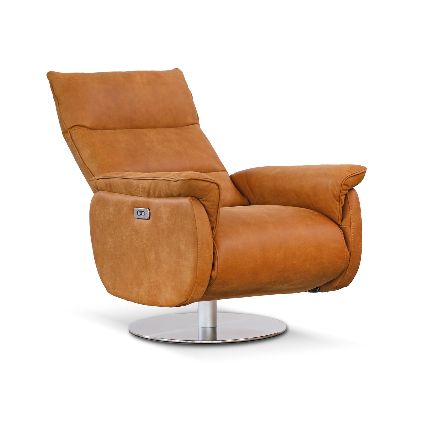 Fauteuil Moma, pivotant 2 moteurs, système autonome de repose-pieds et d'inclinaison du dossier, cuir pleine fleur cognac, piètement rond en métal chromé
