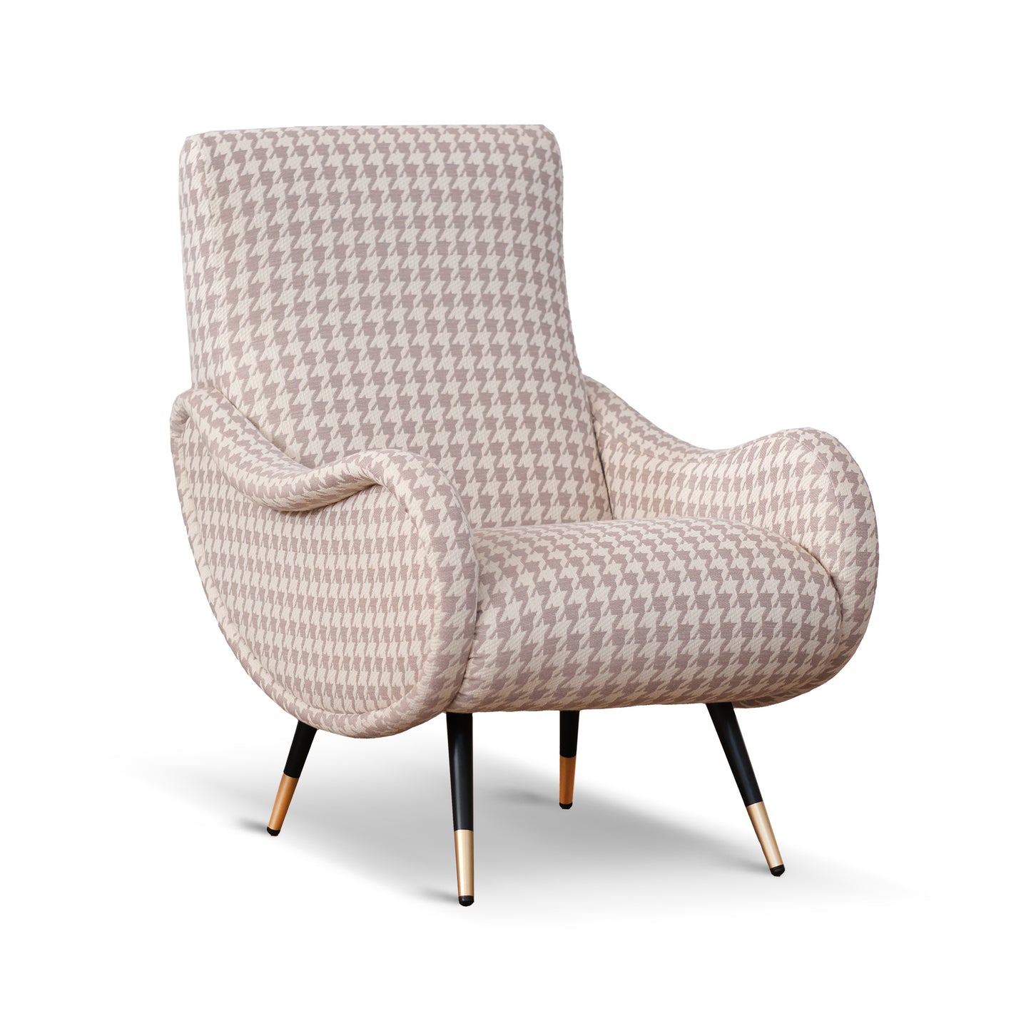 Fauteuil Miss en tissu pied de poule beige et gris tourterelle