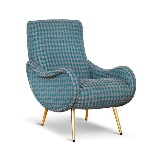 Poltrona Miss tessuto pied de poule turchese e tortora