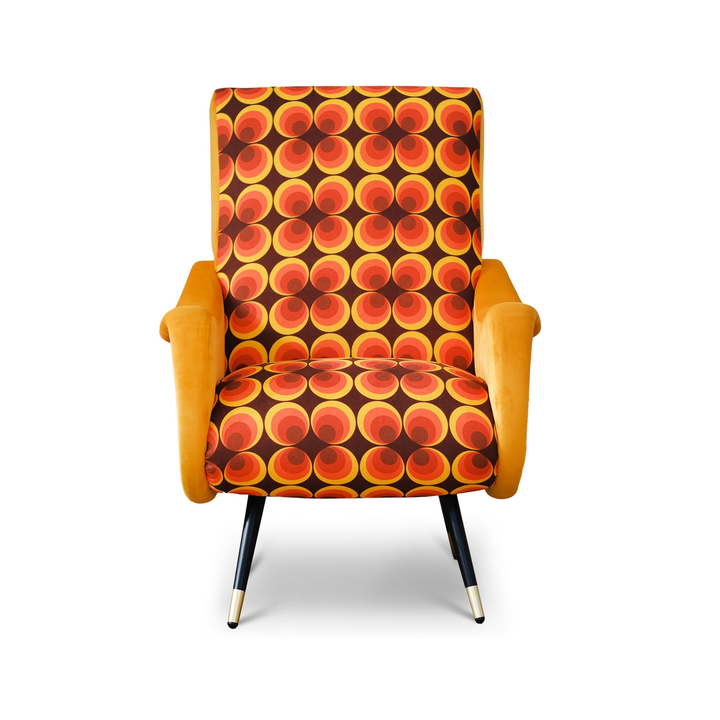 Poltrona Miss motivo vintage arancio, senape e marrone, gambe nere dettaglio ottone