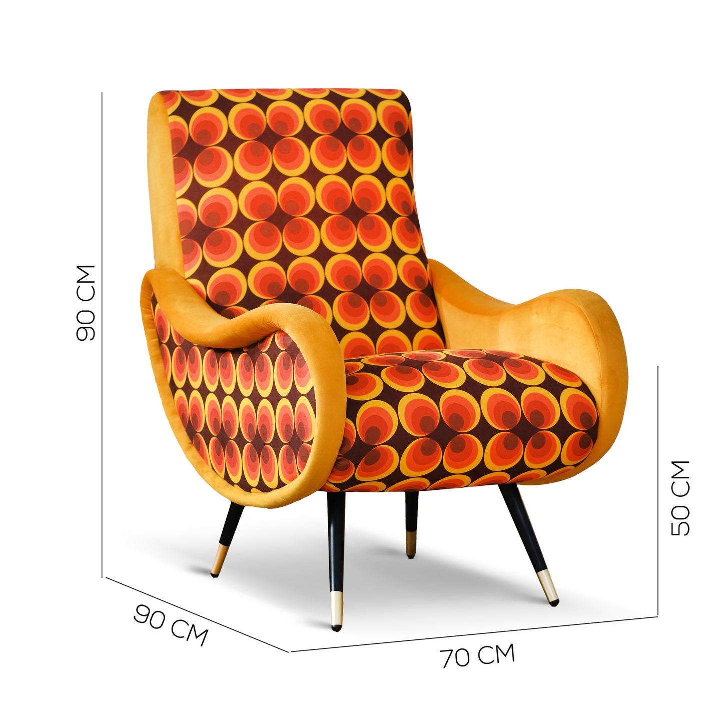 Poltrona Miss motivo vintage arancio, senape e marrone, gambe nere dettaglio ottone
