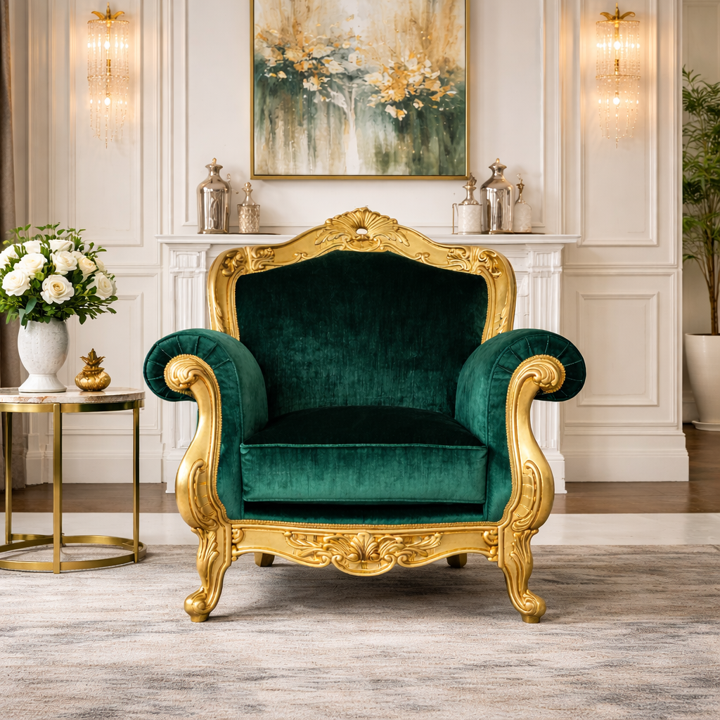 Barock-Sessel Domizia - Blattgold und Samt – Luxuriöse italienische Handwerkskunst