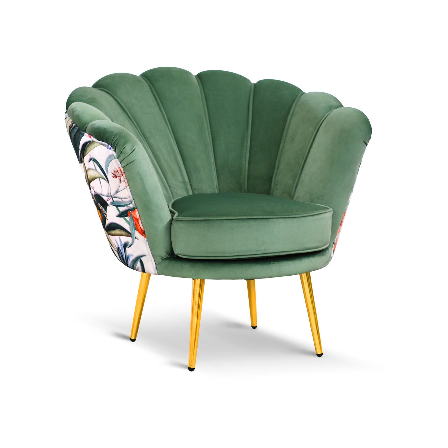 Fauteuil Maia en Velours Vert Menthe, Dos en Microfibre Unicolore ou à Motif Exotique, Pieds Dorés