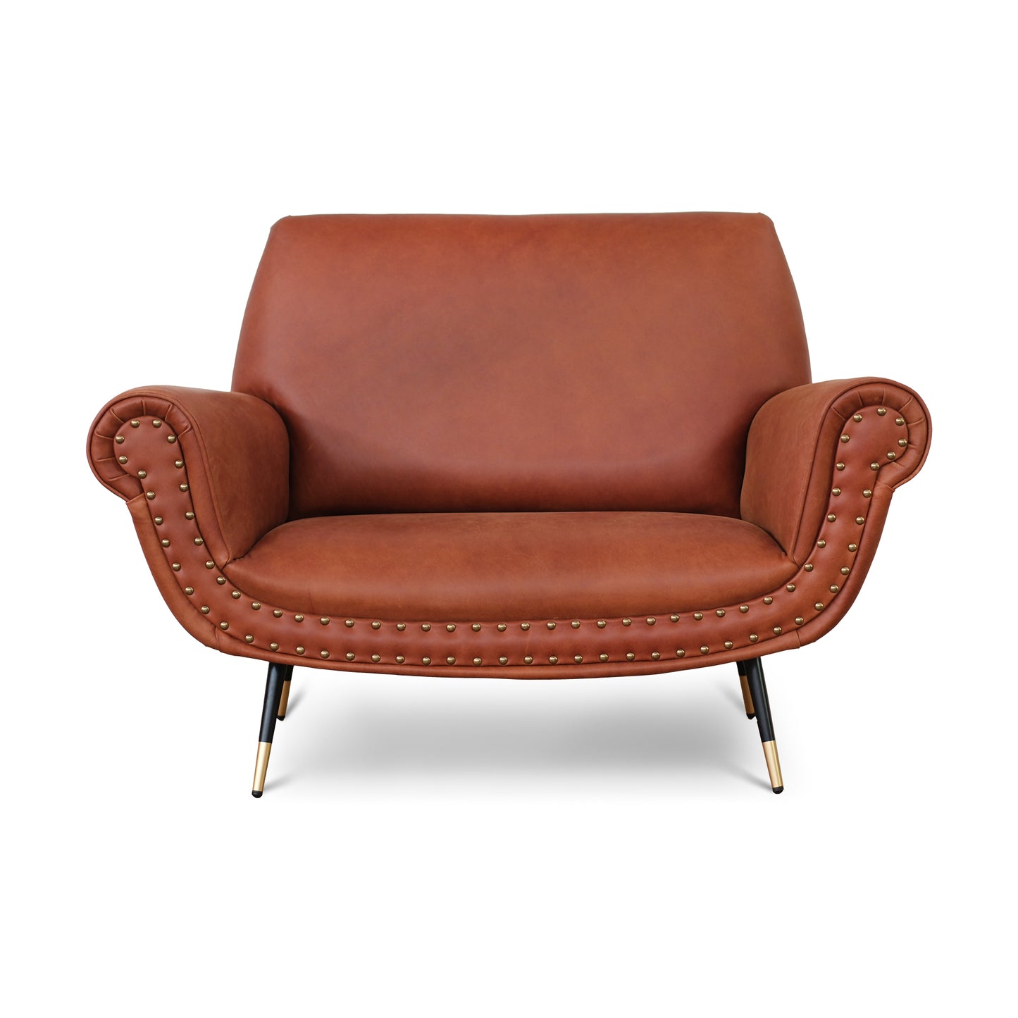 Divano 2 posti design vintage Vico pelle fiore pull up cognac con borchie anticate e gambe nere e ottone